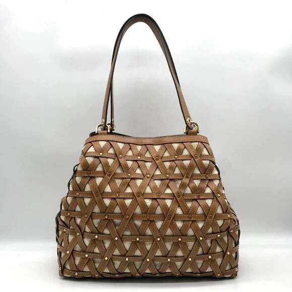 Michael Kors Tan Leather & Canvas Large Brooklyn Tote Bag - Picture 2 of 10